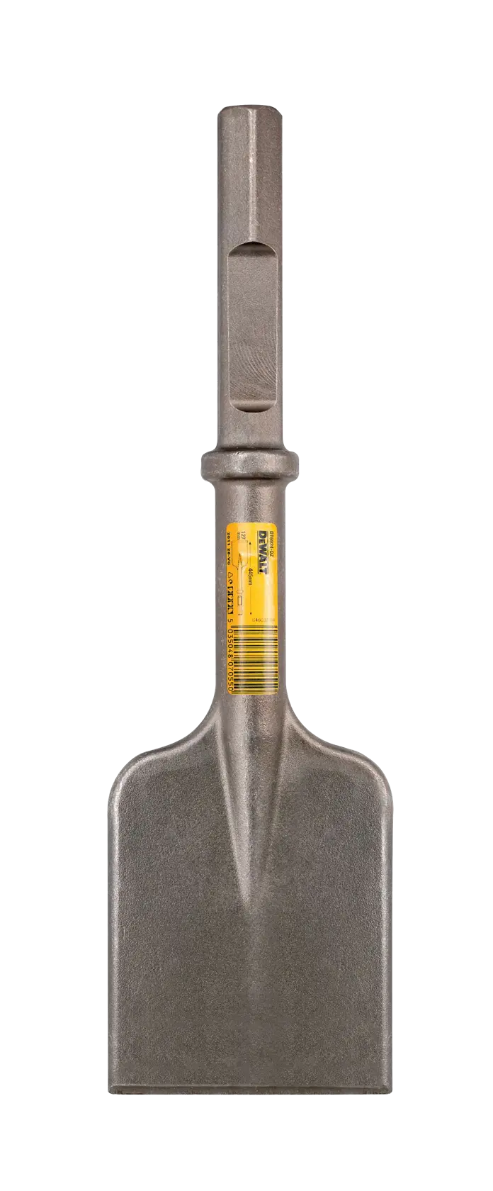 DEWALT DT6934 flat chisel with wide blade and hex shank, used for heavy-duty material removal with power tools.
