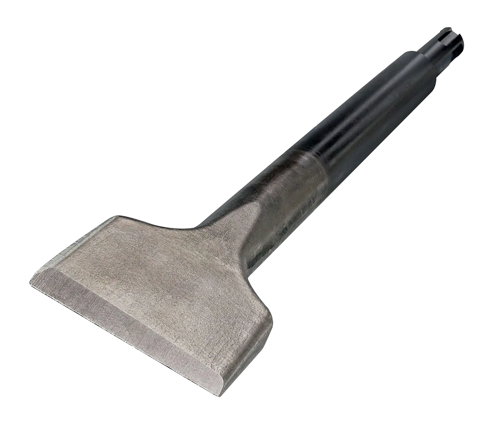 Wide flat steel chisel for demolition or masonry work, with a black cylindrical shank.
