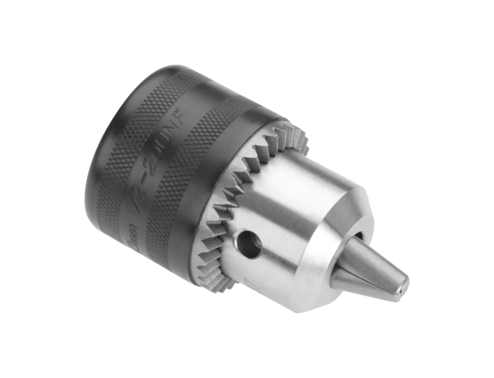 Metal drill chuck for DEWALT power tools, showing textured grip and gear teeth on a white background.