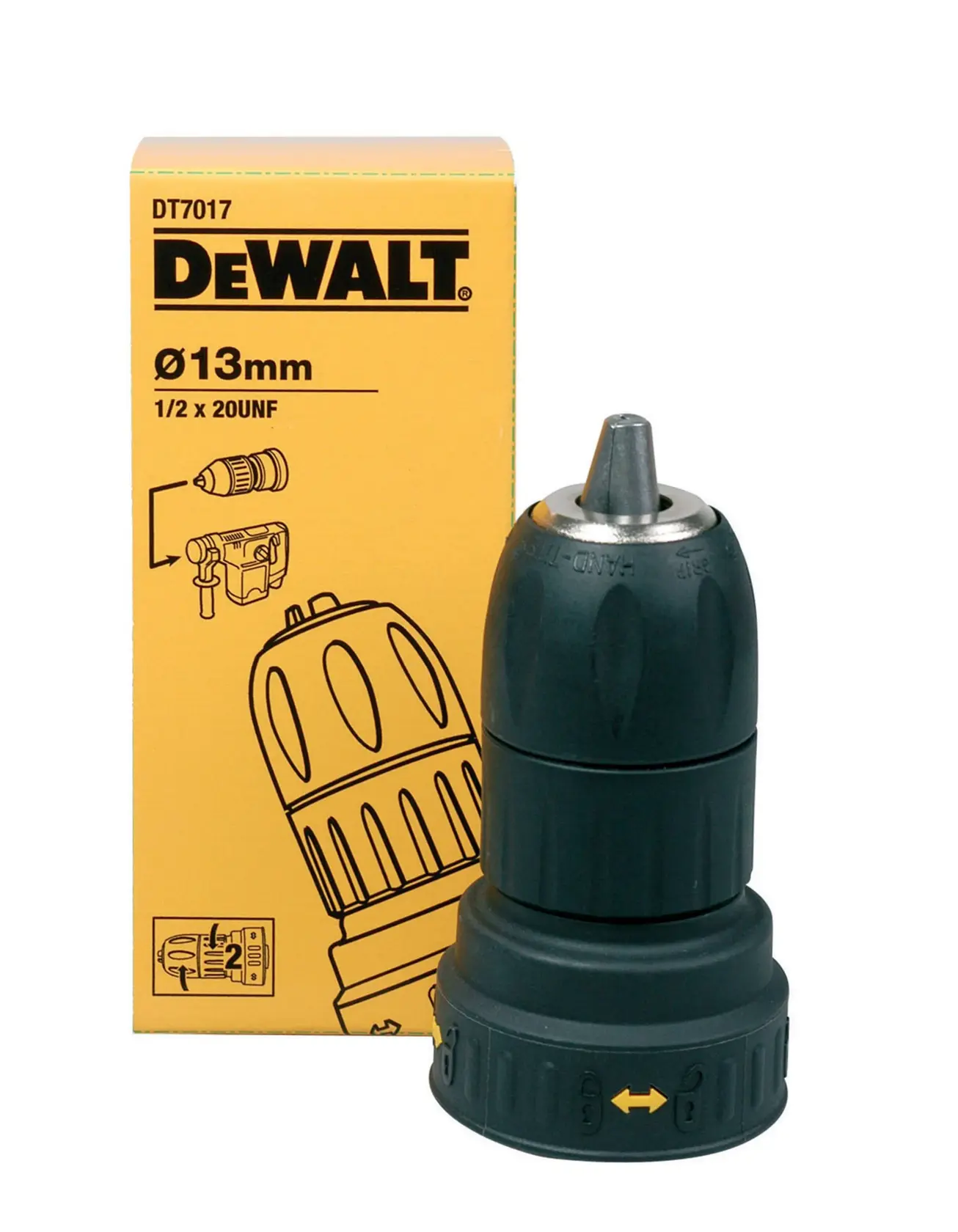 DEWALT DT7017 13mm drill chuck shown with its yellow box packaging.