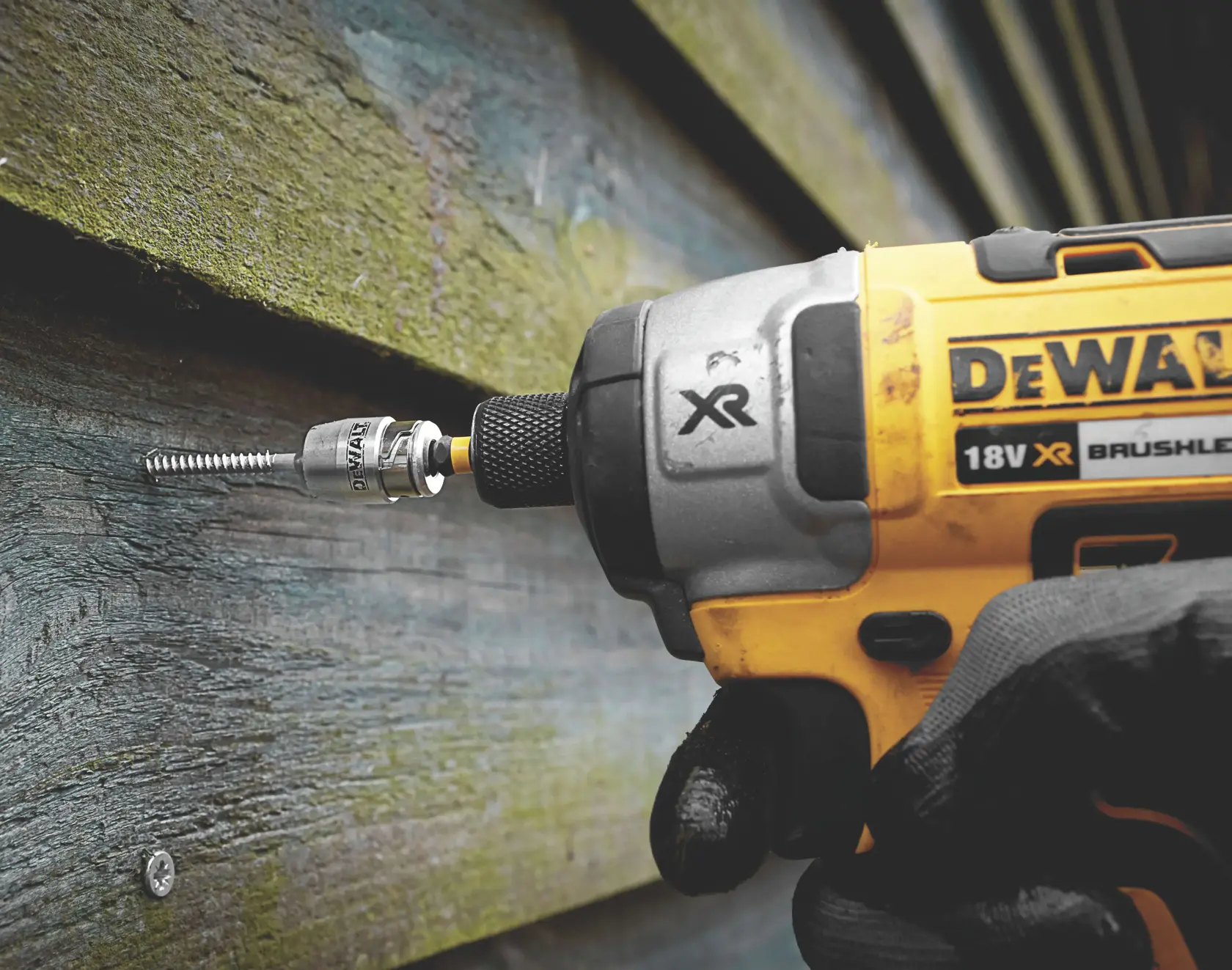DEWALT DT70535T screwdriver bit with holder, silver and black, shown frontally on white background.