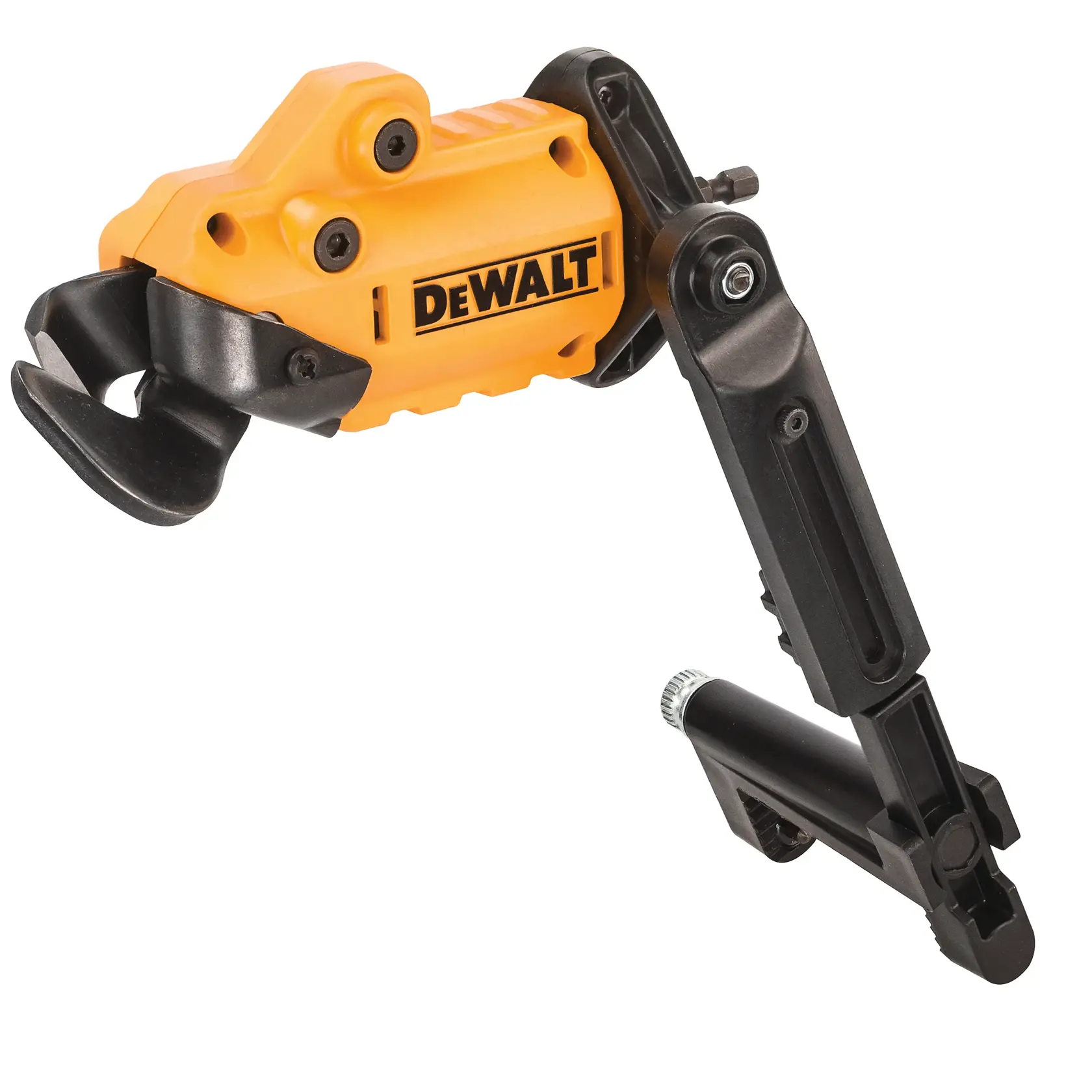 DEWALT DT70620 drill attachment with yellow body and black clamp for fastening.
