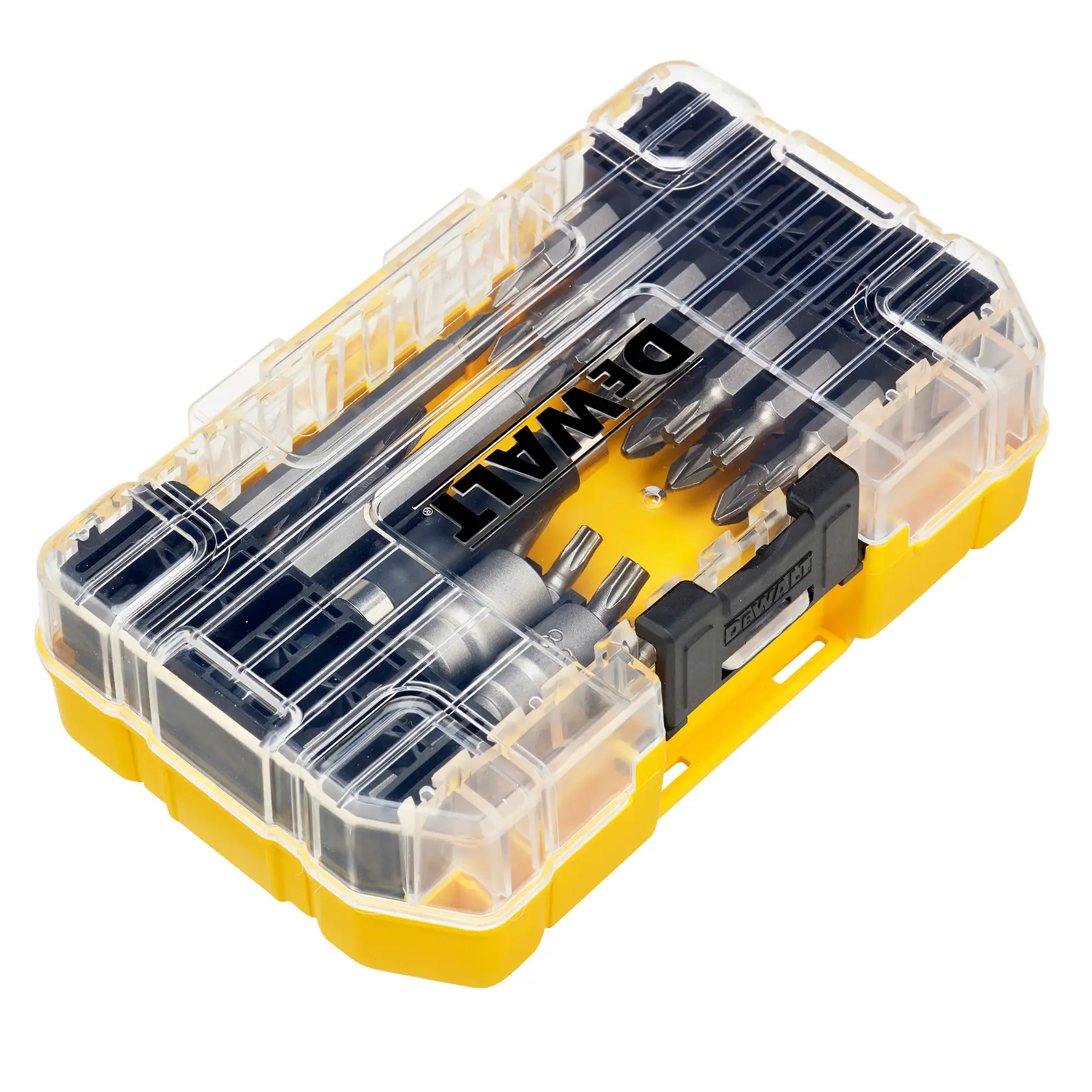 DEWALT DT70702 bit set in a yellow and clear plastic case with assorted screwdriver bits visible inside.