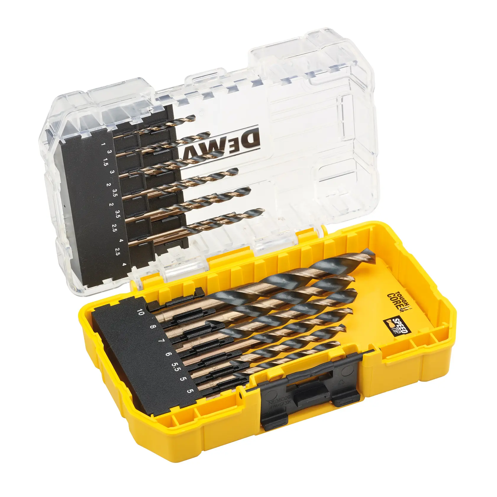 DEWALT drill bit set in a yellow plastic case with clear lid. Multiple sizes of bits are neatly arranged inside.