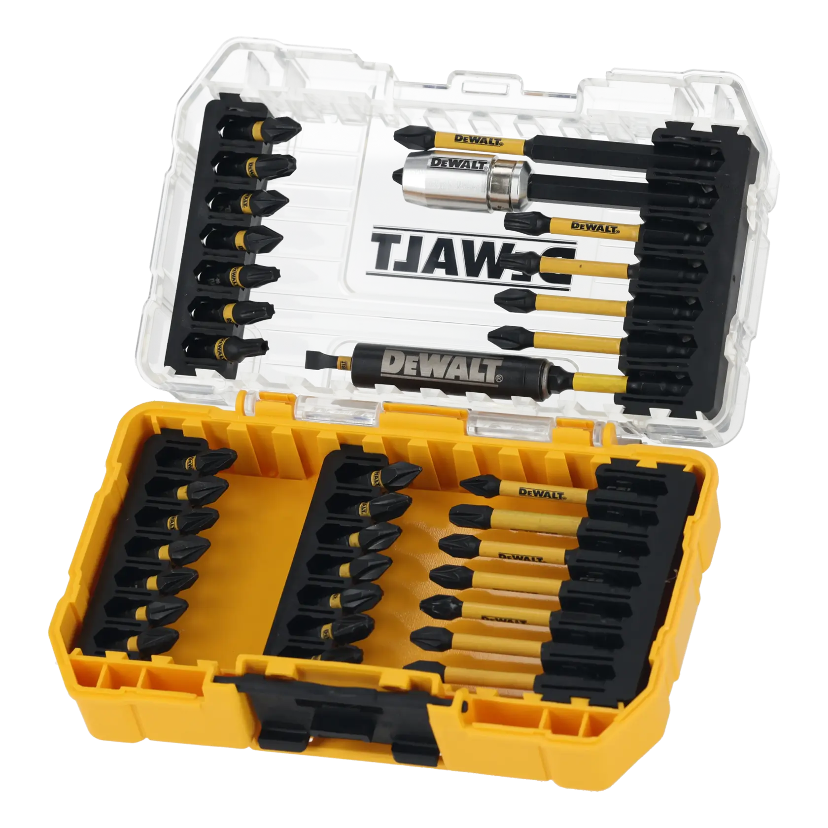Graphique montrant la marque DEWALT XTREME Sub-Compact Series avec le slogan 'Compact et performance garantie' sur un fond jaune.
