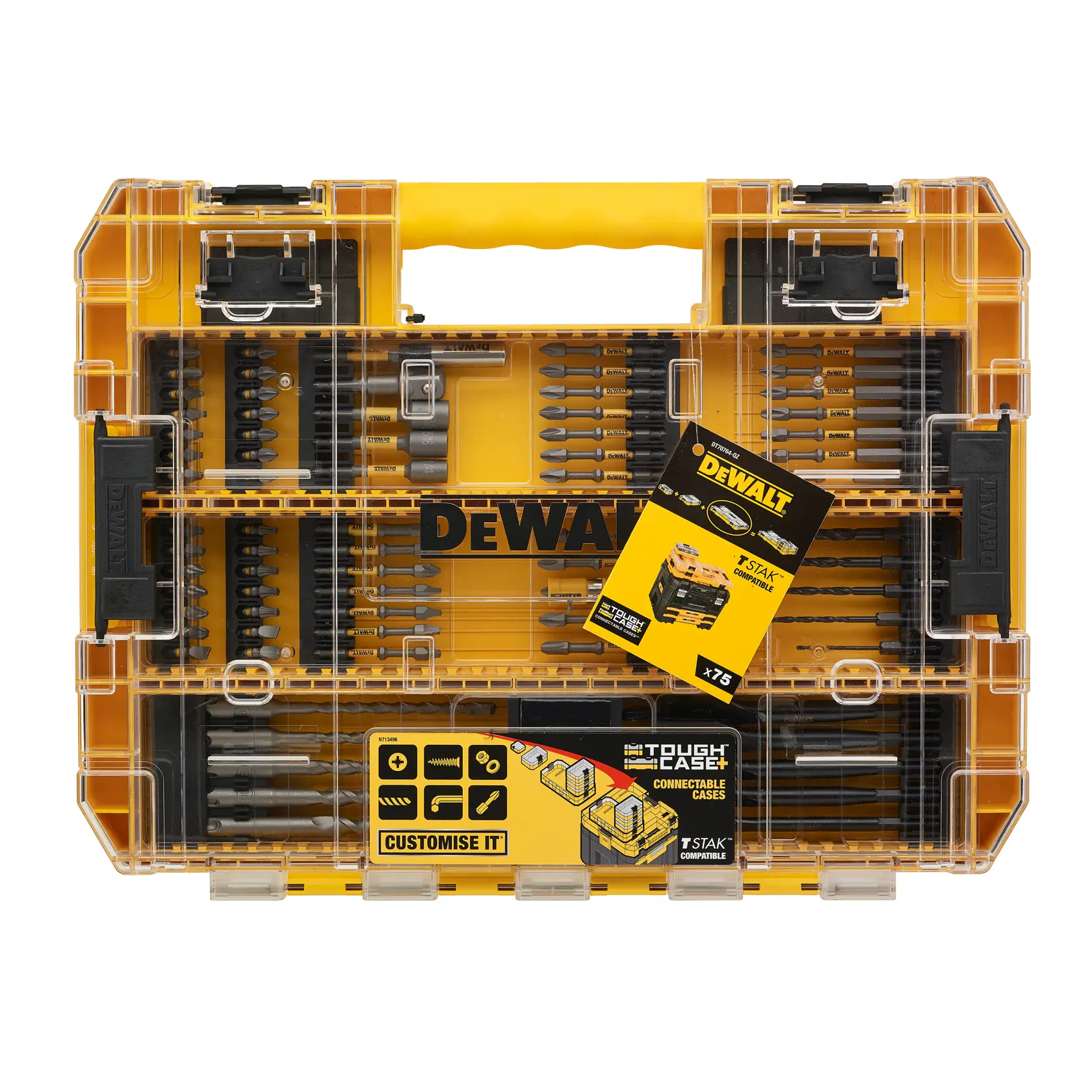 DEWALT DT70764 tough case with assorted screwdriver bits organized inside, transparent cover, yellow case.