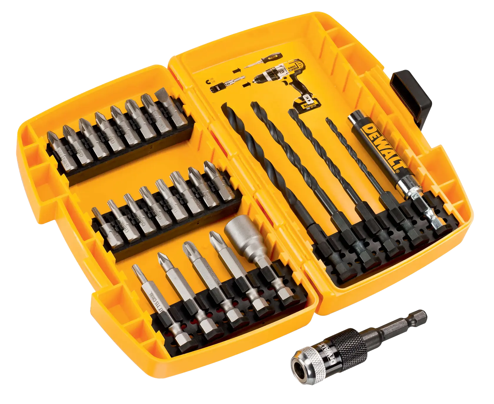 A yellow DEWALT case containing a set of drill bits and screwdriver bits, organized in slots, with a bit holder and a magnetic screw lock accessory placed outside the case.