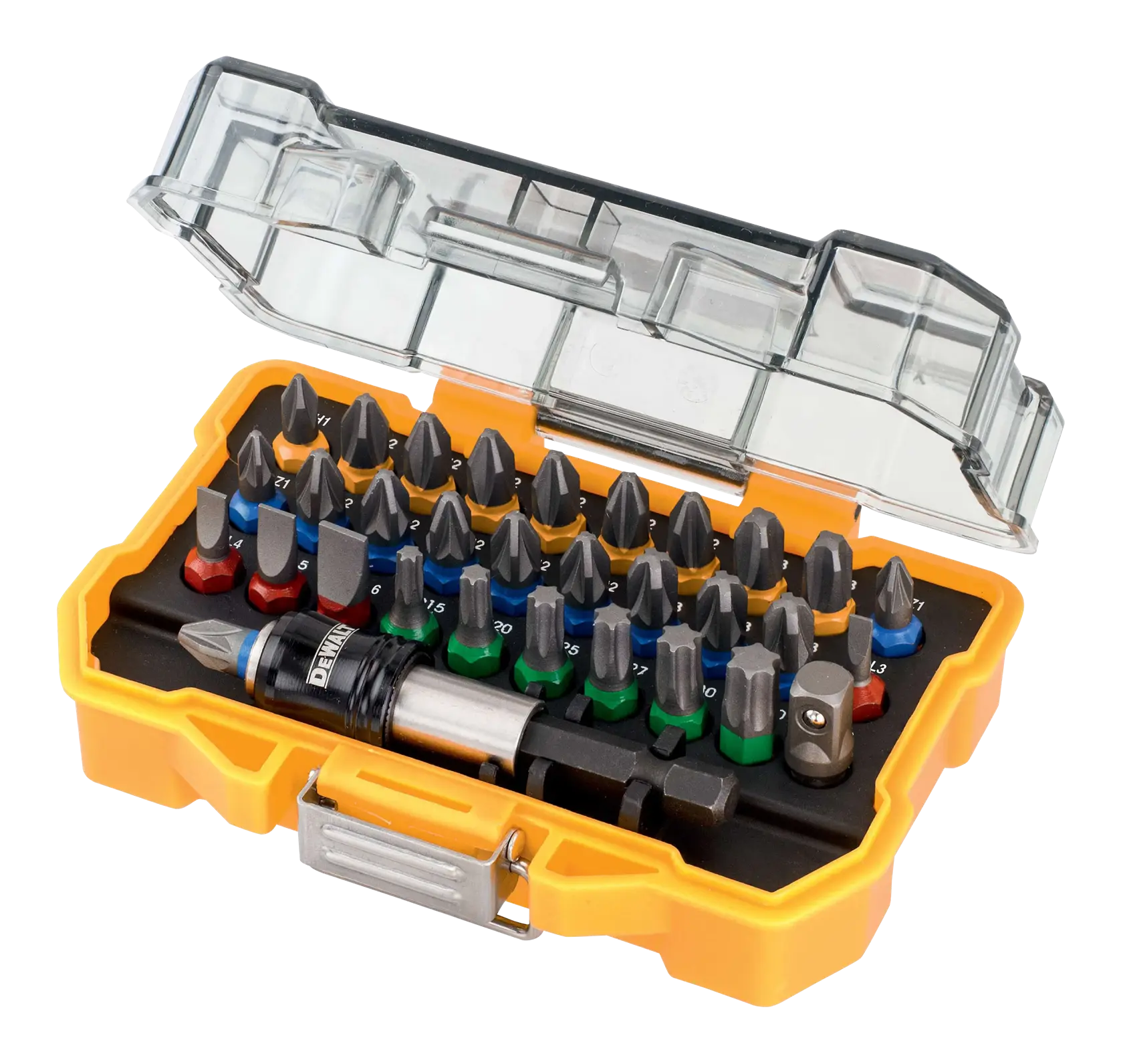 DEWALT drill bit set in a yellow plastic case with clear lid, showing multiple colored bits and accessories.