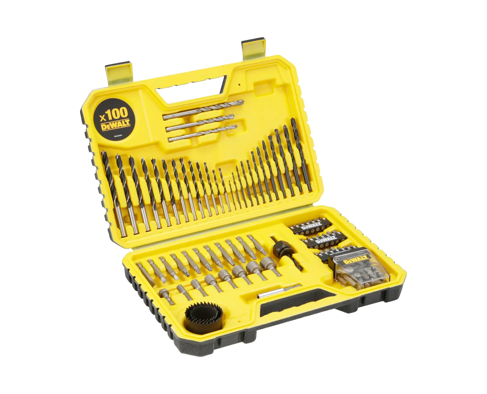 A yellow DEWALT hard case containing a 100-piece drill and screwdriver bit set, with various drill bits, screwdriver bits, hole saw, and accessories organized inside.