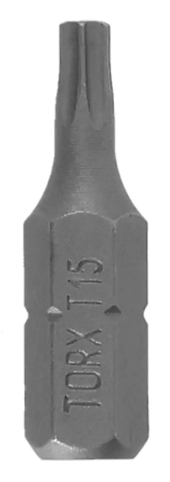 DEWALT Torx T15 screwdriver bit with hex shank, shown vertically on a white background.