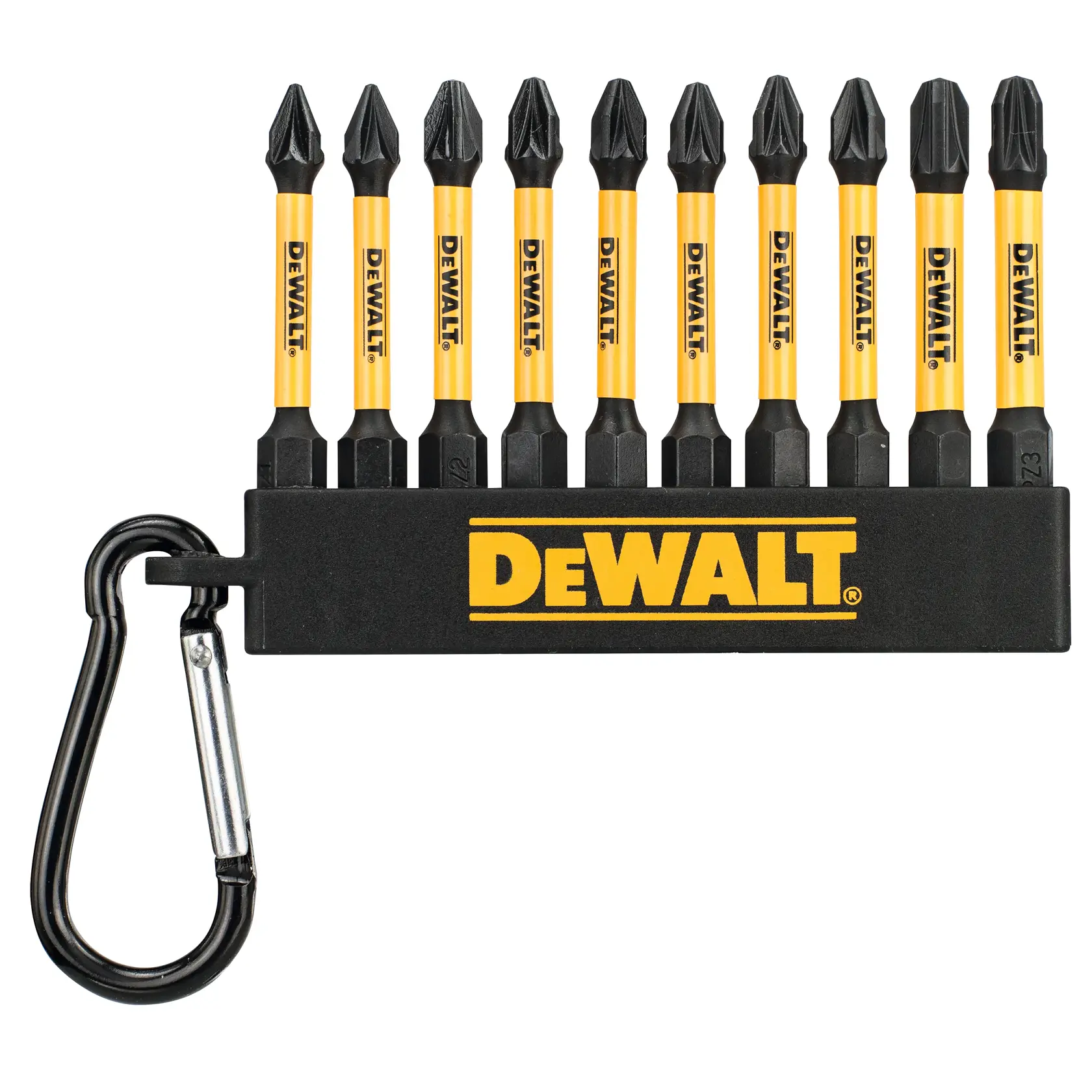 DEWALT set of ten yellow and black screwdriver bits in holder with carabiner clip.