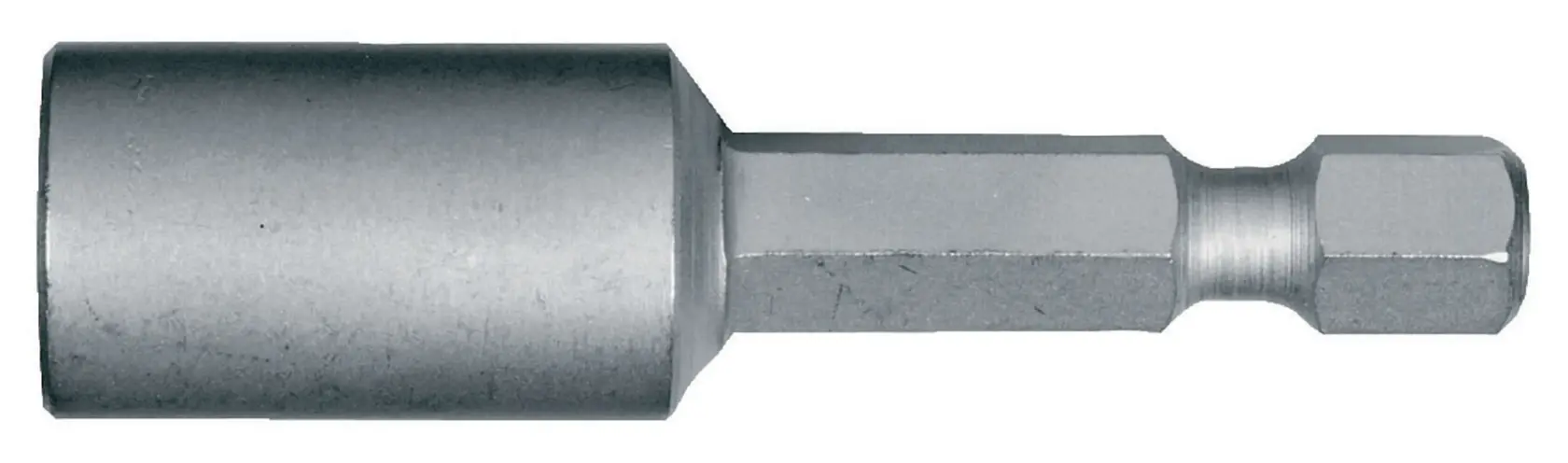 A metallic hexagonal nut driver bit with a cylindrical end for use with power tools.