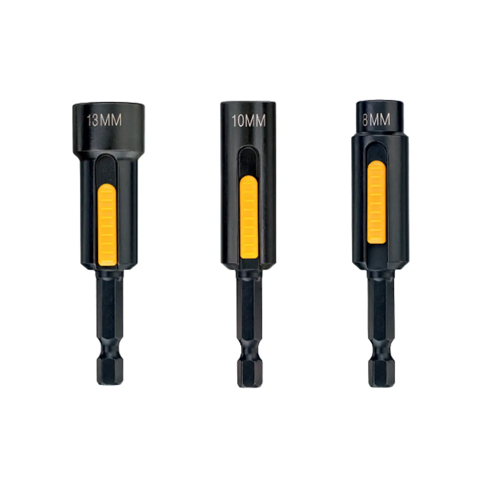 Three DEWALT hex socket drill bits, sizes 13mm, 10mm, and 8mm, with yellow grip features, displayed upright.