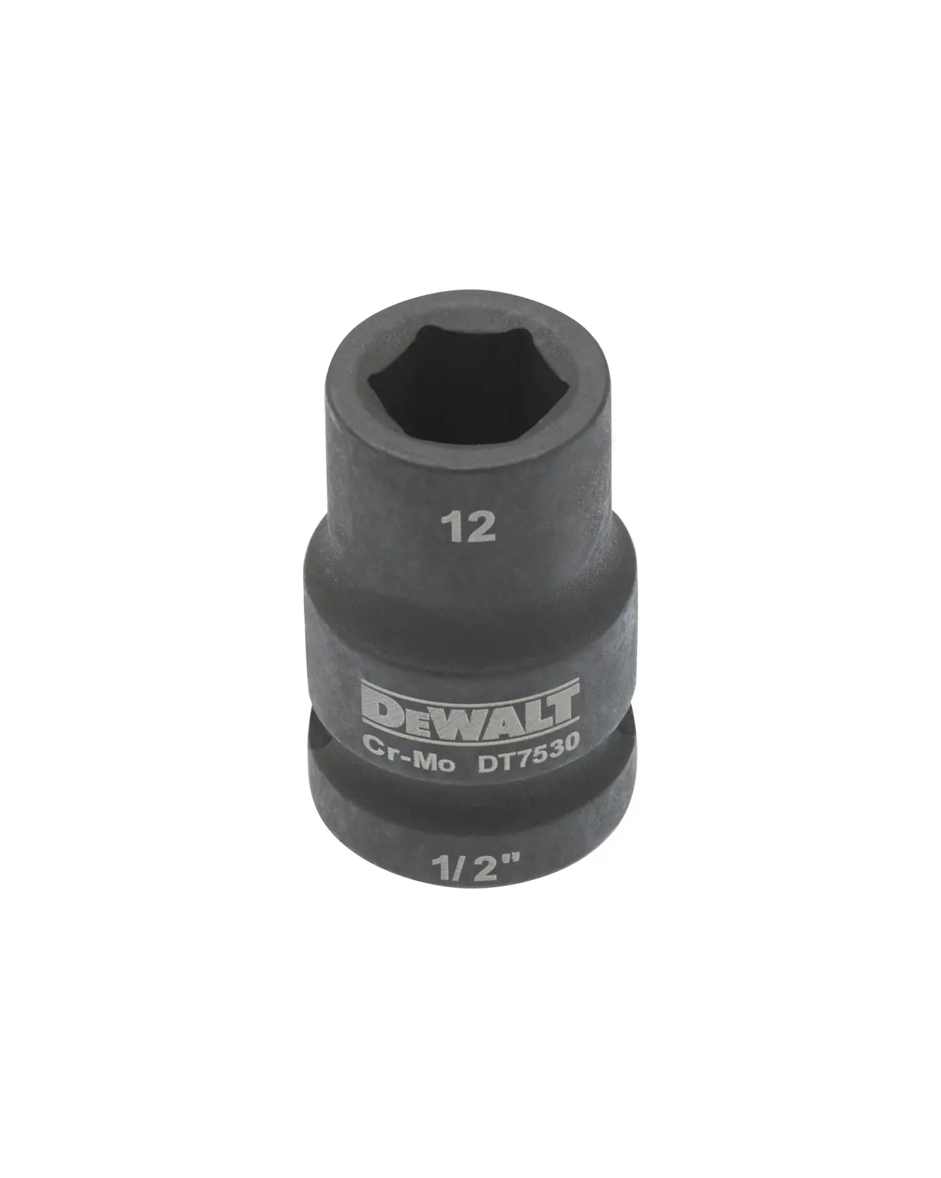 DEWALT DT7530 impact socket, 1/2 inch drive, 12mm size, made of Cr-Mo, shown on white background.