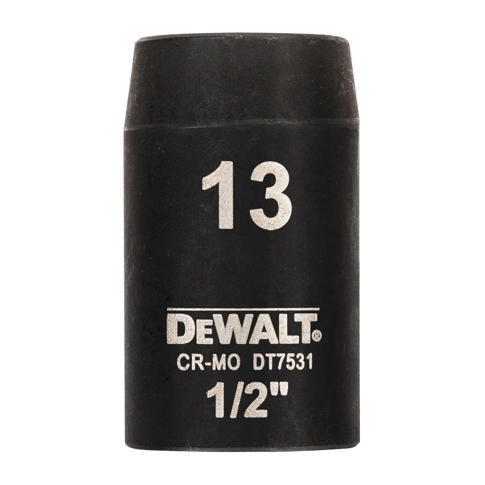 DEWALT DT7531 13mm 1/2 inch impact socket, black, cylindrical tool for fastening.