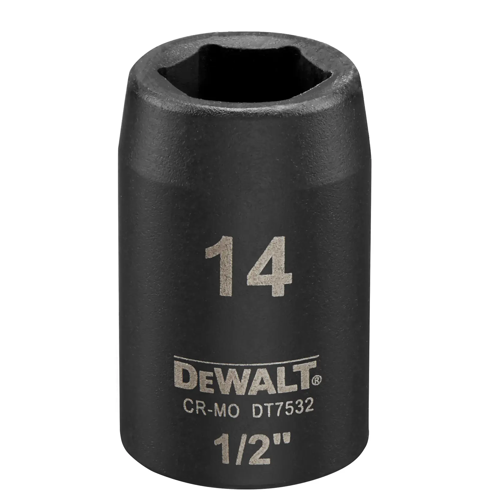 DEWALT DT7532 14mm impact socket, black, with 1/2-inch drive size visible on the front.