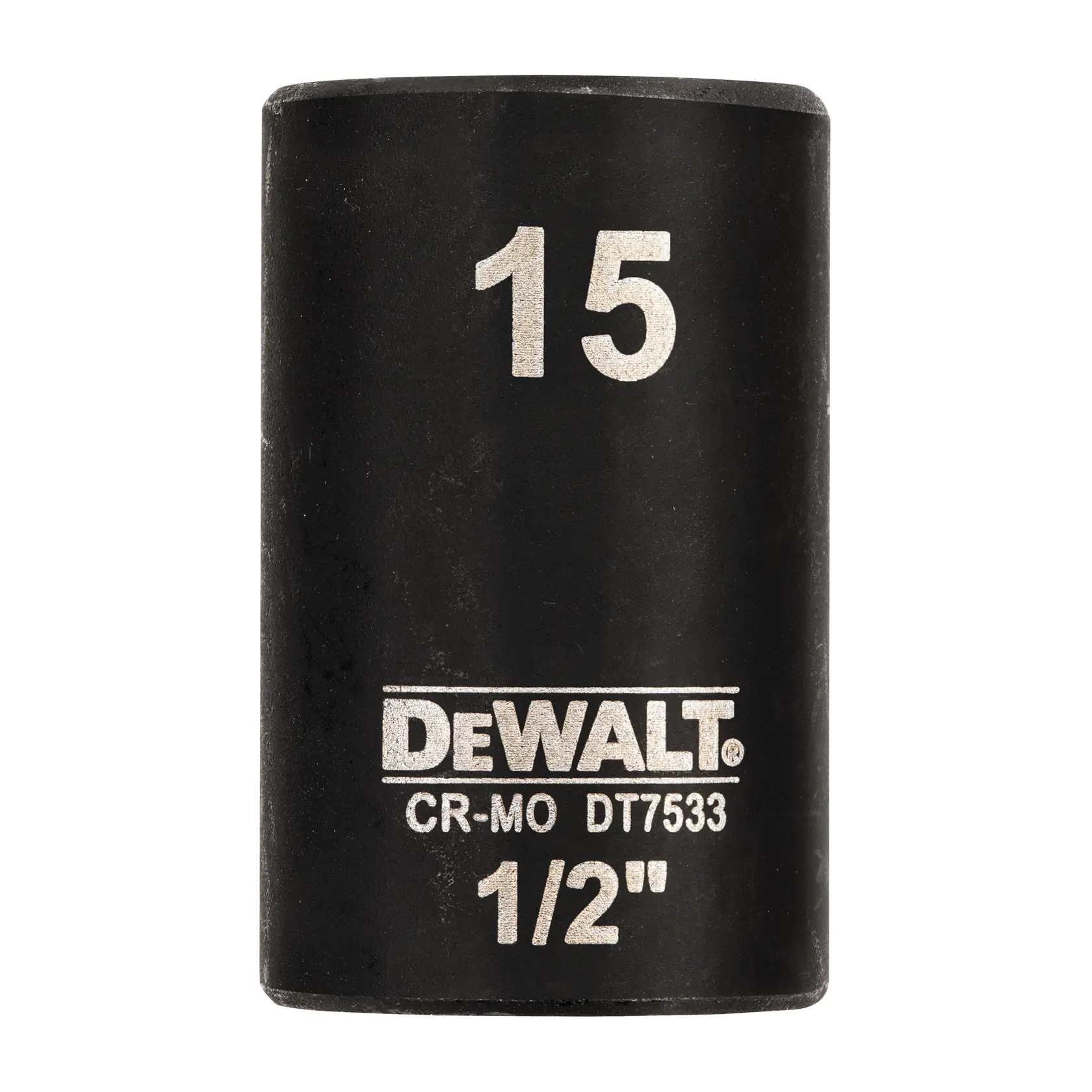 DEWALT DT7533 15mm 1/2" impact socket, black, cylindrical tool for mechanical use.
