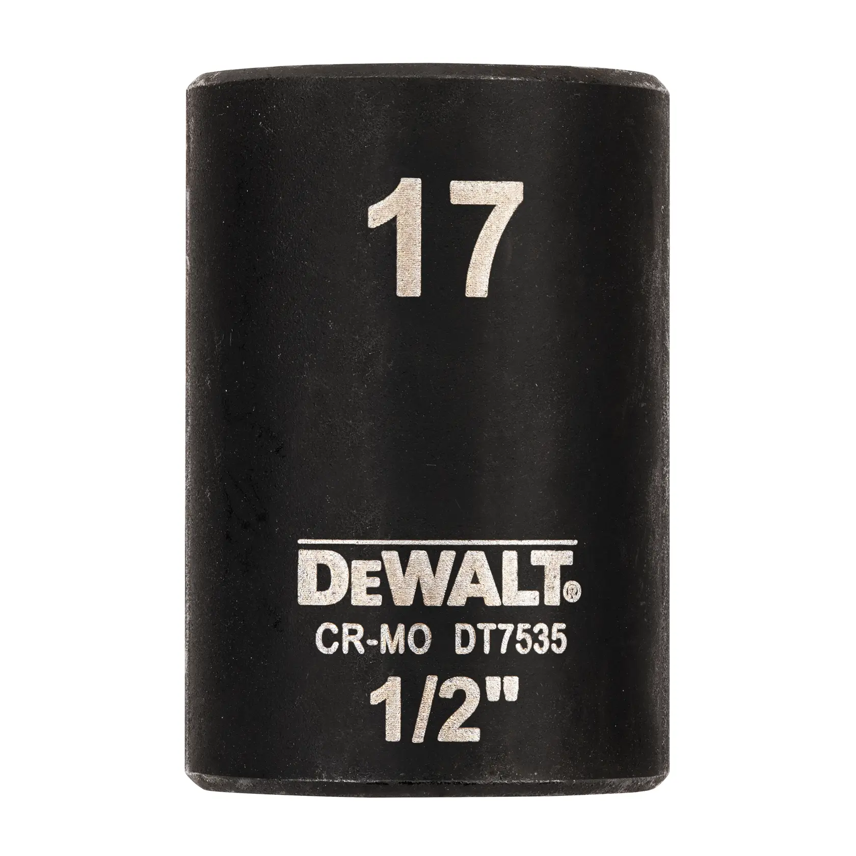 DEWALT DT7535 17mm 1/2 inch black socket for impact tools, shown upright with white markings.