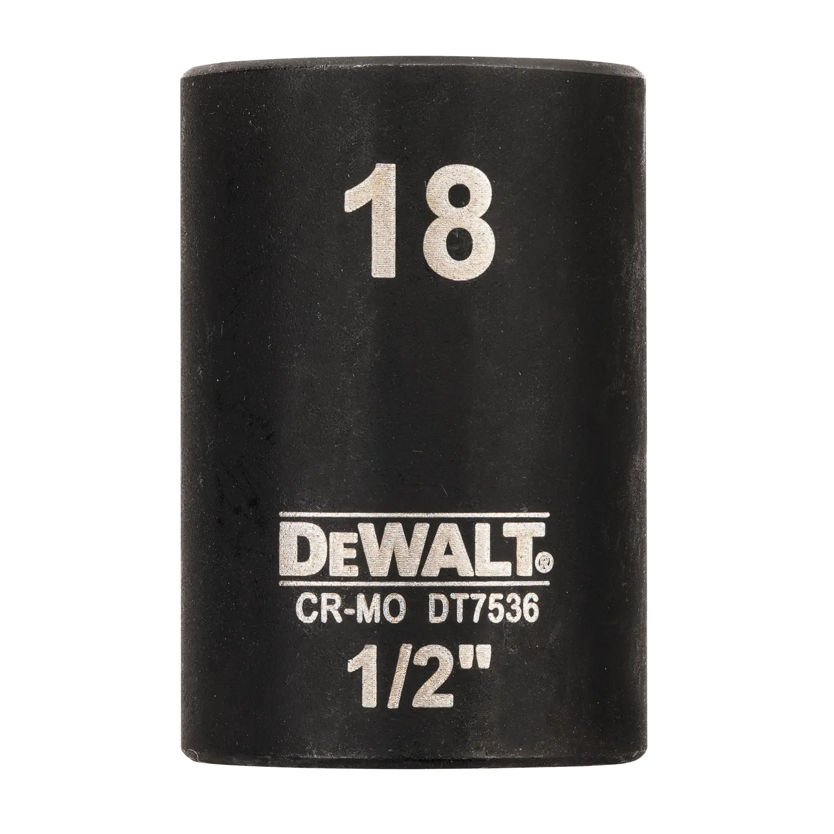 DEWALT DT7536 18mm 1/2 inch deep impact socket, black, with white engraved markings.
