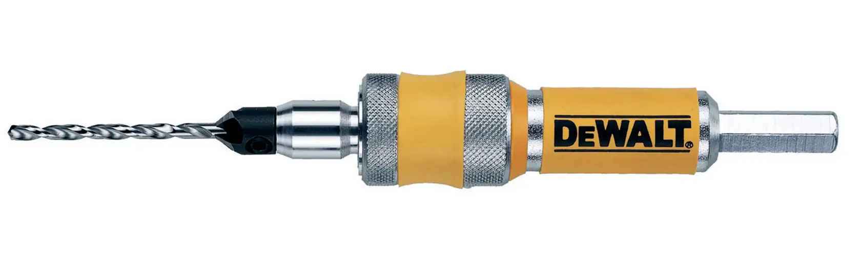 Un porte-embout de foret DEWALT DT7603 avec un corps métallique et jaune, portant le logo DEWALT, présenté avec un foret attaché.