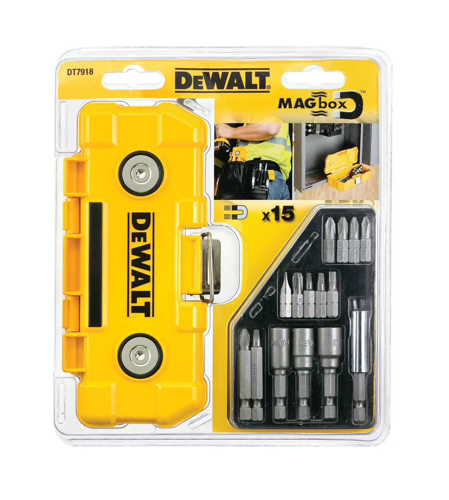 Set DEWALT Magbox DT7918 emballé avec porte-embouts magnétique jaune et 15 embouts de tournevis assortis, présenté dans un boîtier en plastique transparent avec marque jaune et photos d'utilisation.
