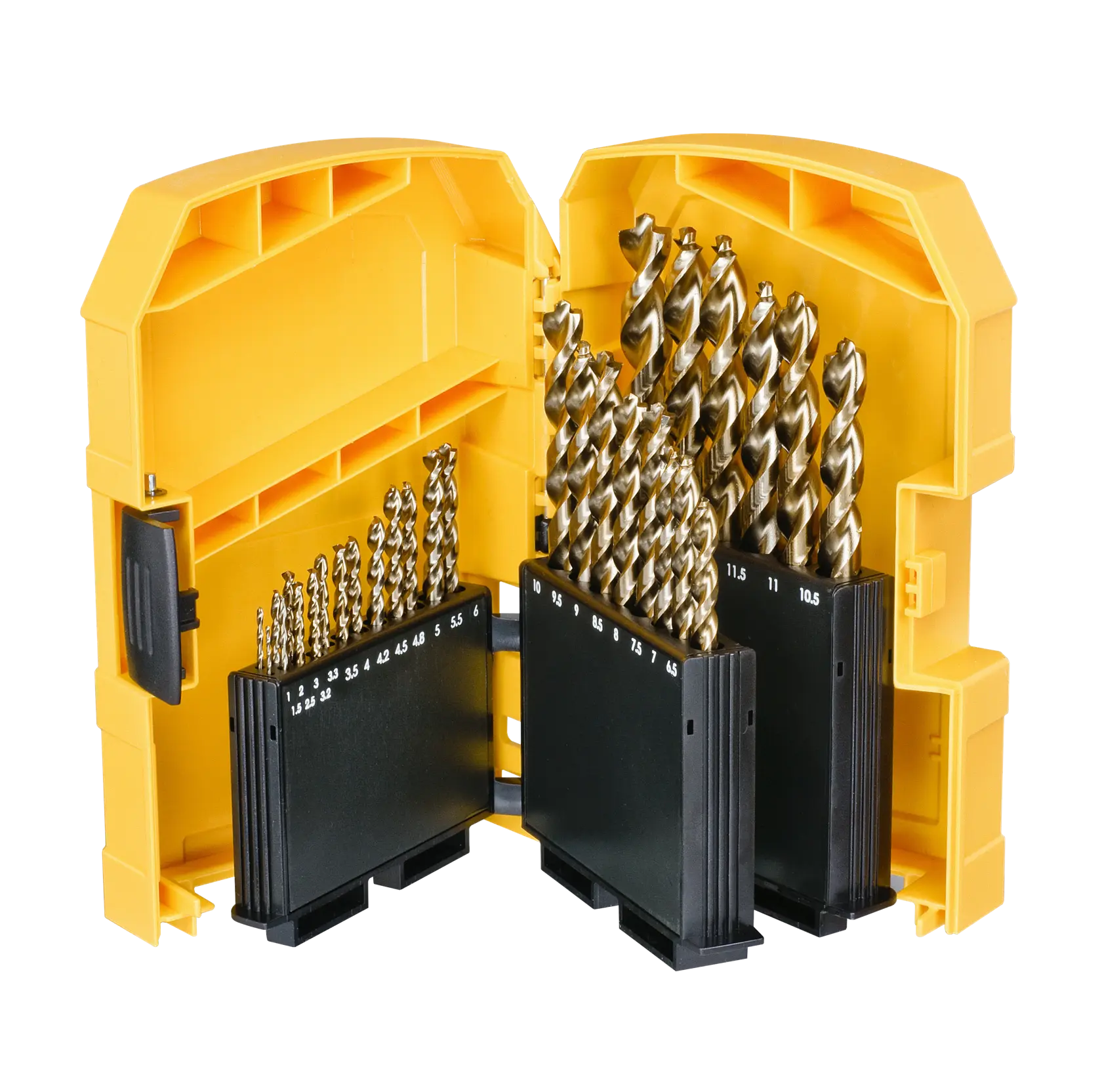 Yellow DEWALT drill bit set case open with multiple metal bits organized by size in black holders.