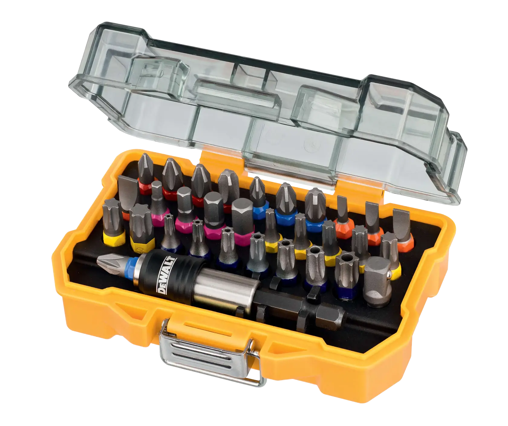 DEWALT bit set in a yellow case with assorted screwdriver bits and a transparent lid.