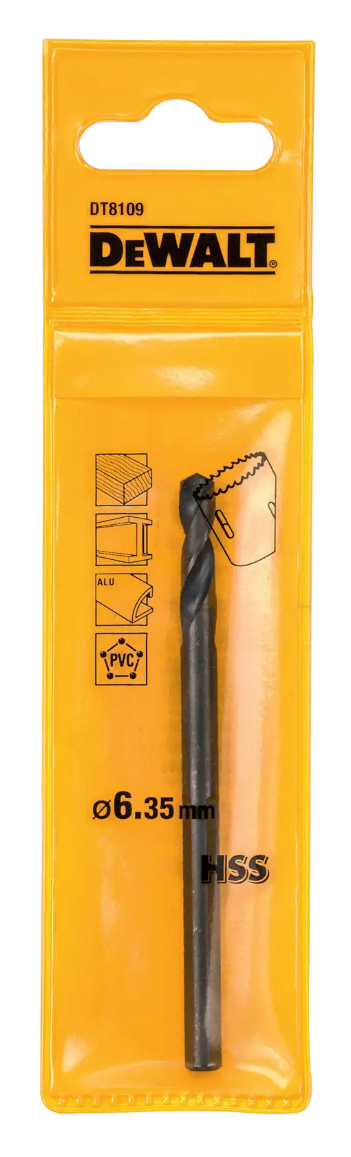 DEWALT DT8109 drill bit in yellow packaging, 6.35mm diameter, suitable for metal, wood, plastic.