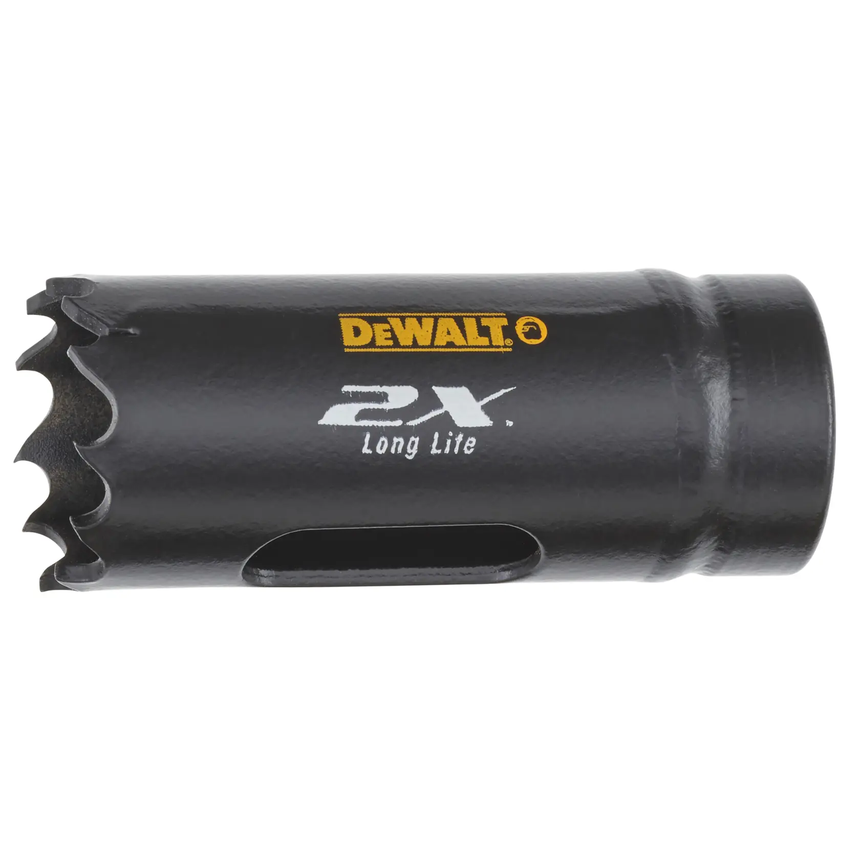 DEWALT hole saw DT8116L-F, DT8116L-QZ for photography tools, black cylindrical steel accessory.