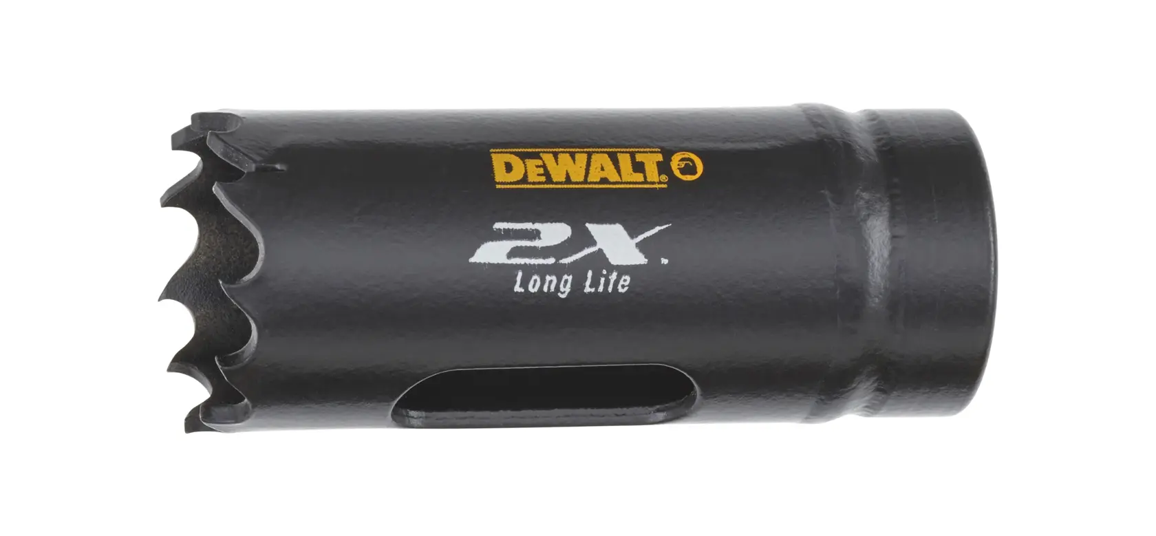DEWALT black hole saw with jagged teeth and '2X Long Life' marking, shown against a white background.