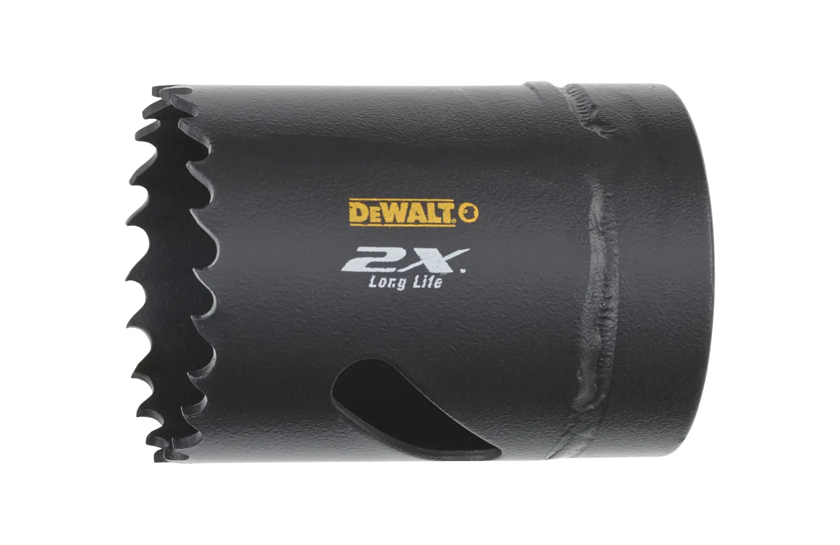 Black DEWALT hole saw with sharp teeth and branding, designed for durability and precision cutting.
