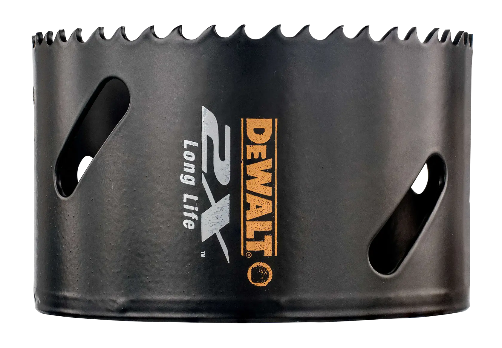 DEWALT DT8168L hole saw with sharp teeth and logo, designed for long life and efficient cutting.