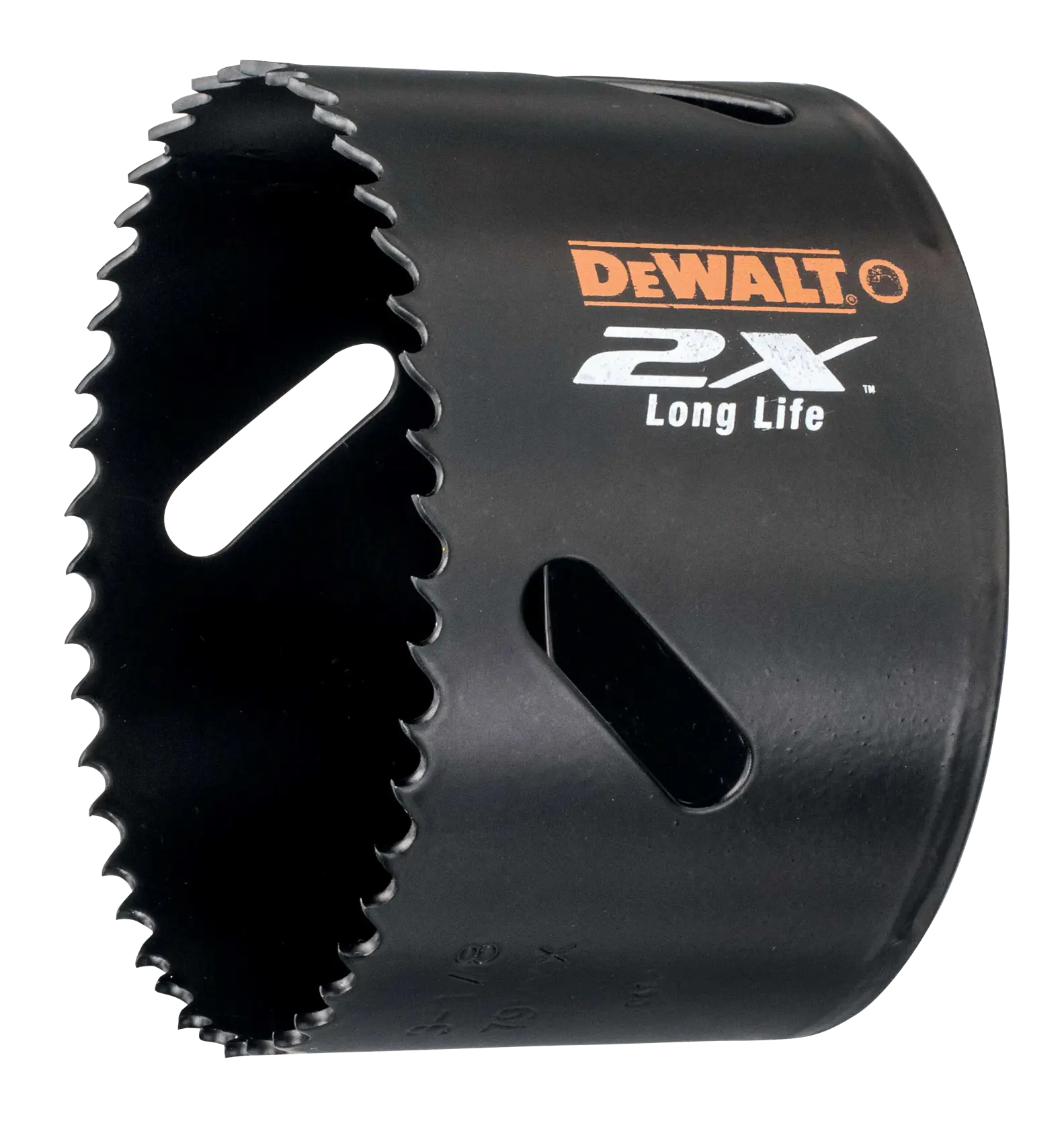 DEWALT DT8173L hole saw with sharp teeth and 2X Long Life marking, black metal cylinder.