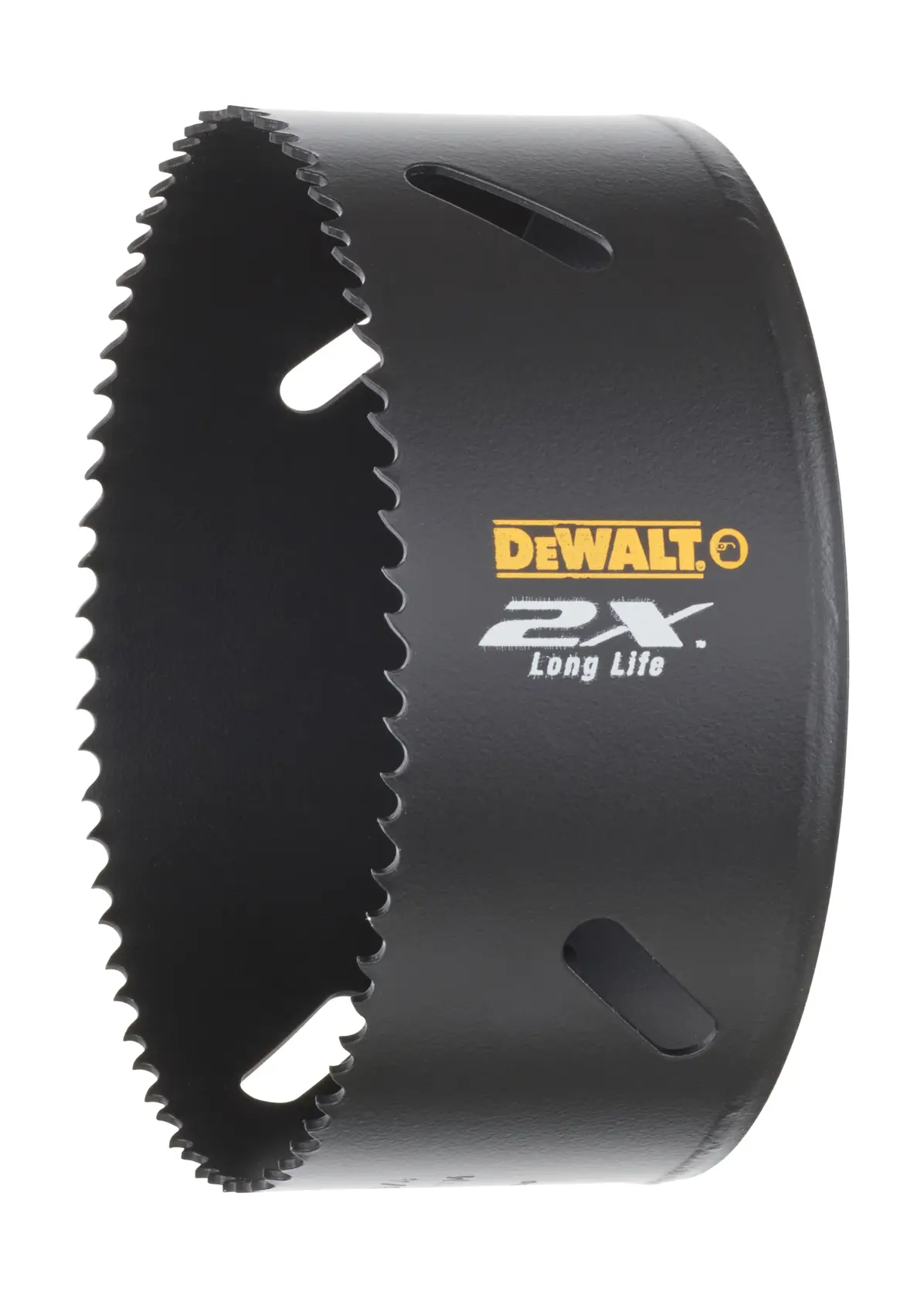 DEWALT DT8221L hole saw, black with sharp teeth and logo, designed for long life drilling applications.