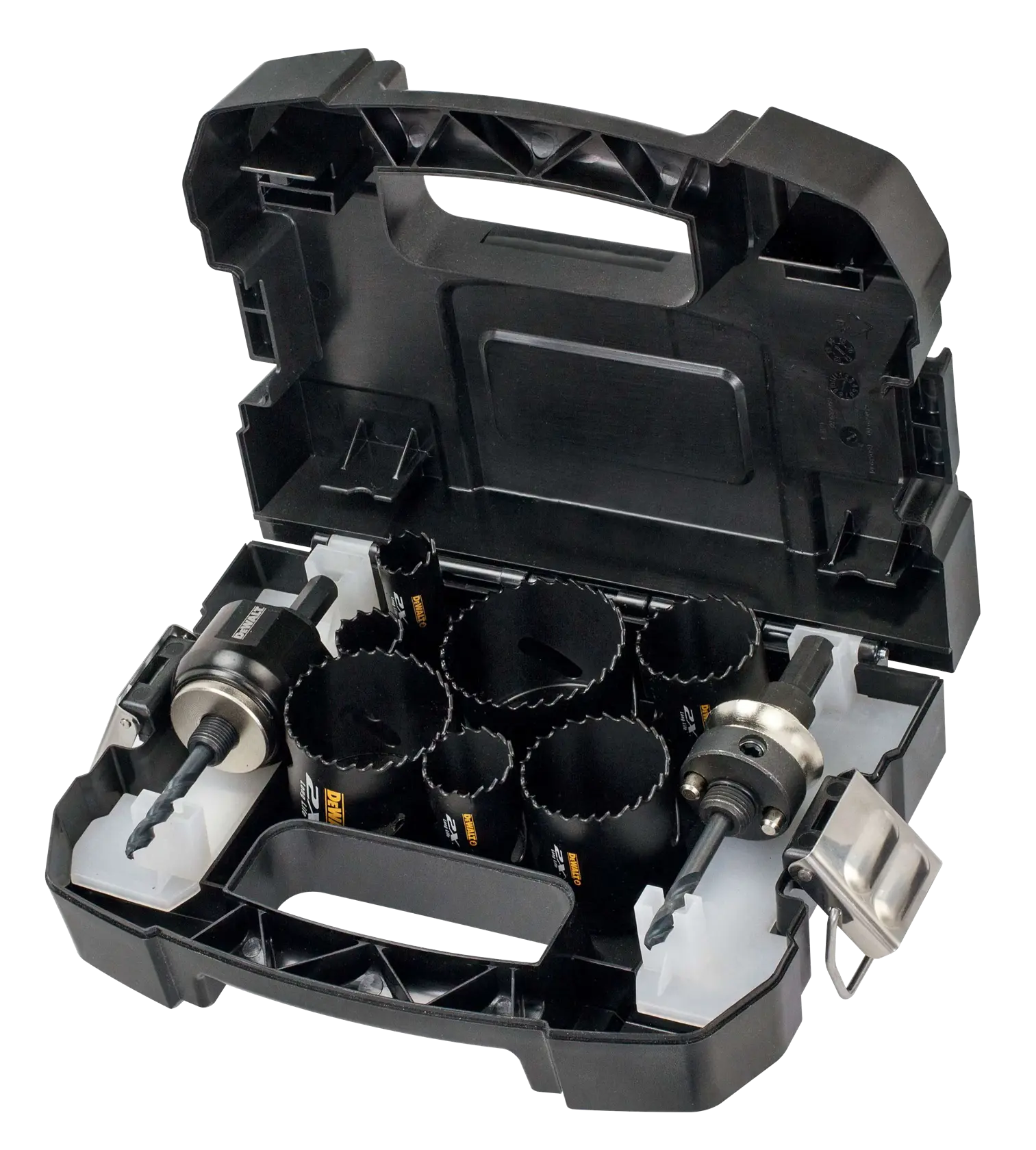 DEWALT hole saw set in a black plastic carrying case with various sizes and two arbors visible.