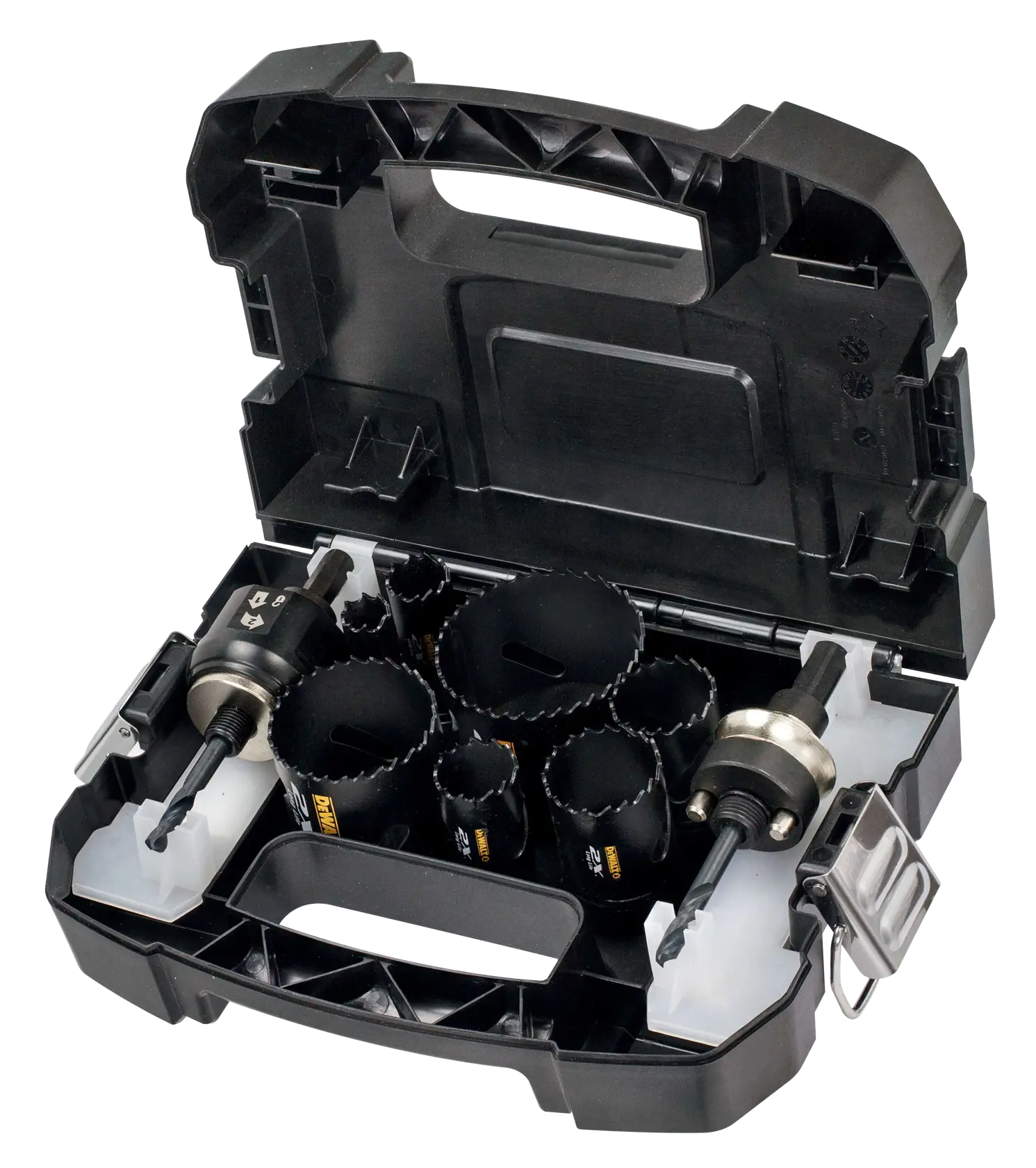 DEWALT hole saw kit in a black hard case with multiple saw sizes and accessories organized inside.