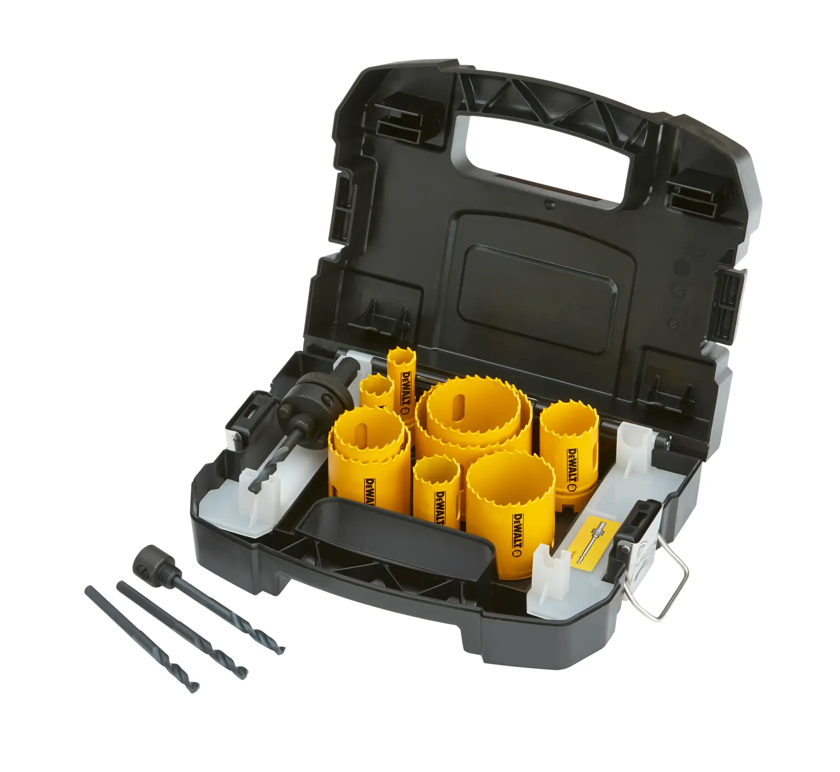 DEWALT hole saw kit with yellow saws and drill bits in a black carrying case.