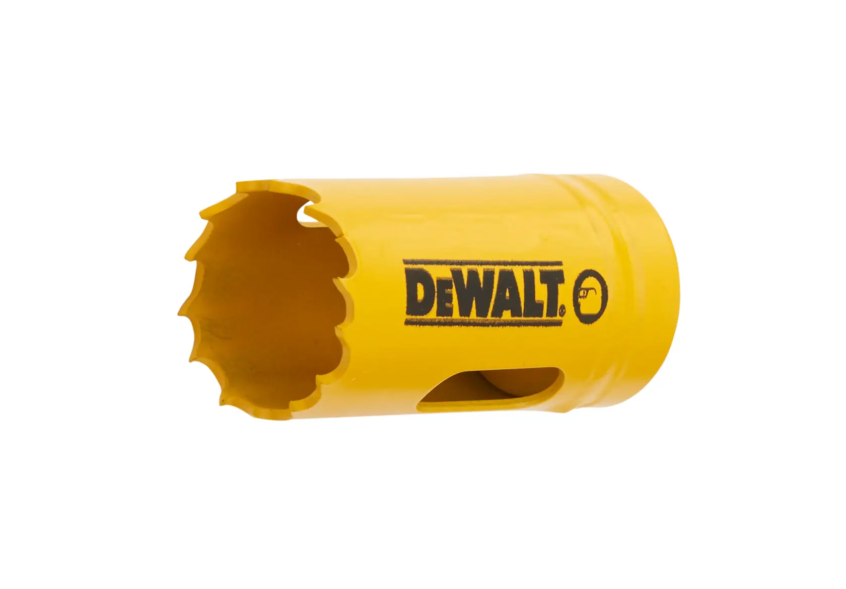 Yellow DEWALT hole saw with jagged edge for cutting, shown on a white background.