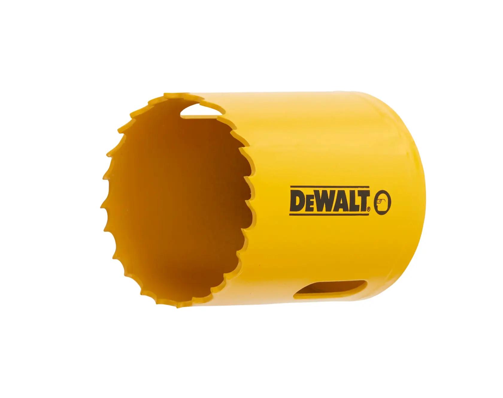 Yellow DEWALT hole saw with serrated edge for cutting circular holes in materials.