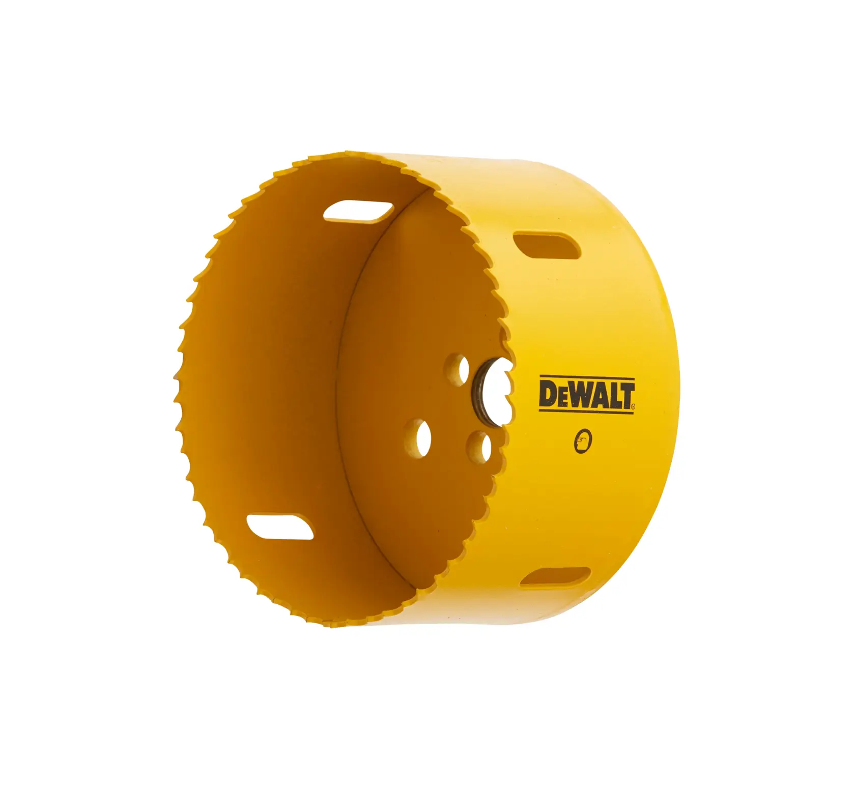 DEWALT yellow hole saw with jagged edge for cutting, DT83127 SKU, shown against white background.