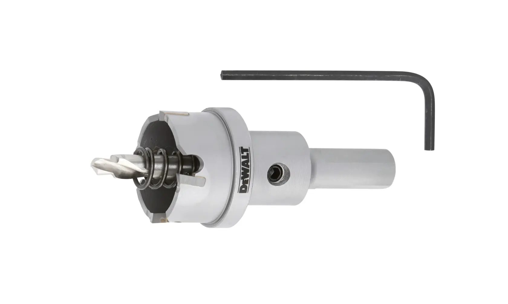 DEWALT hole saw with drill bit and hex key, used for cutting holes in materials like wood or metal.