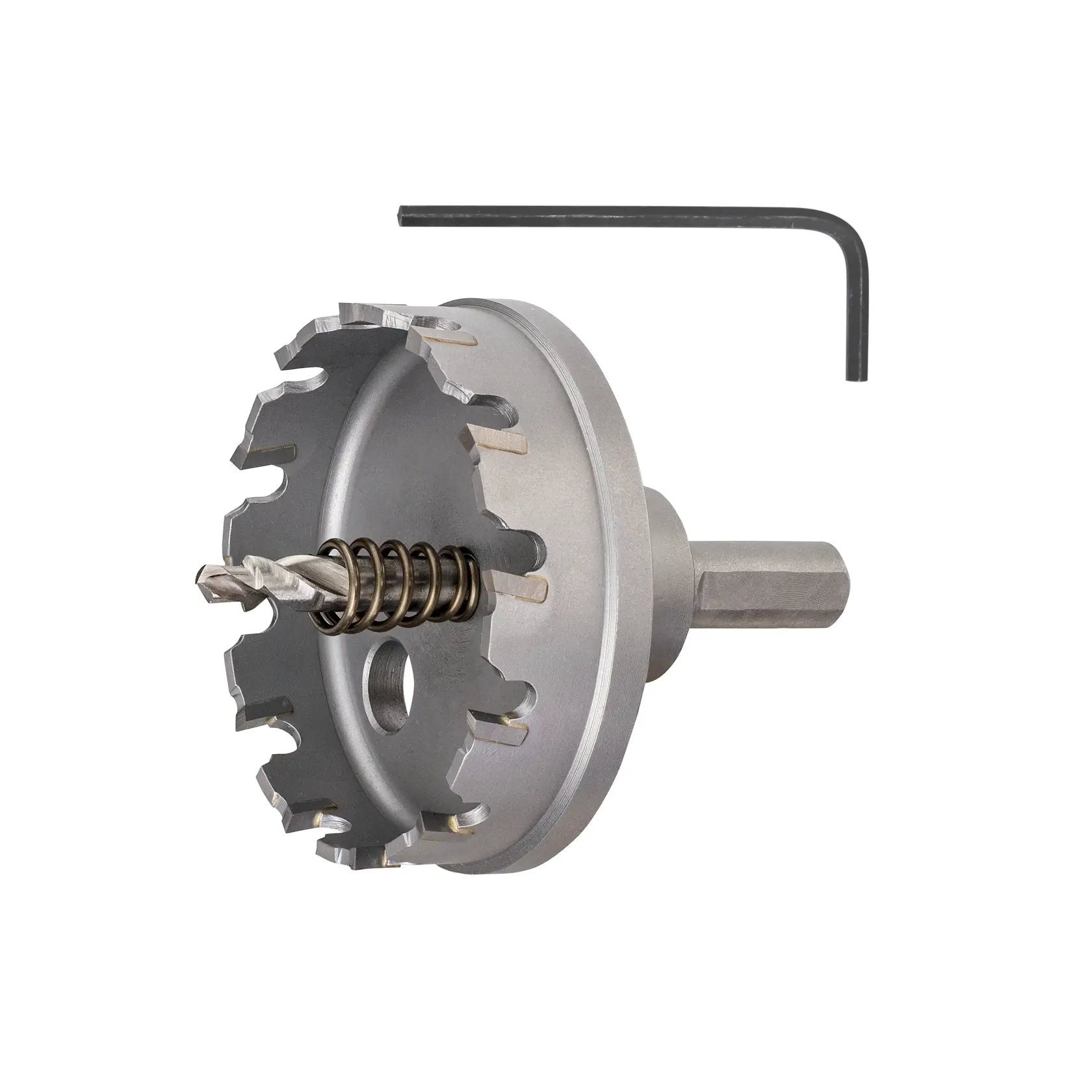 Metal hole saw drill bit with hex key, suitable for cutting holes in tough materials.