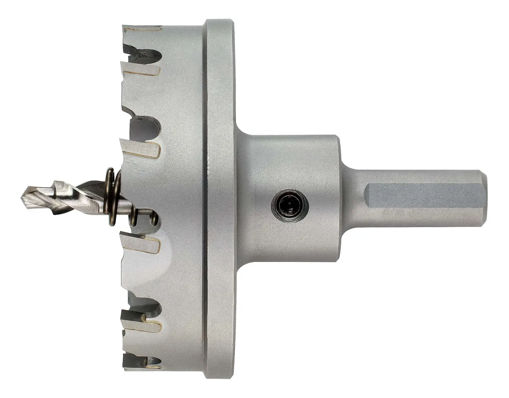 DEWALT hole saw with central drill bit and hex shank for metal cutting.
