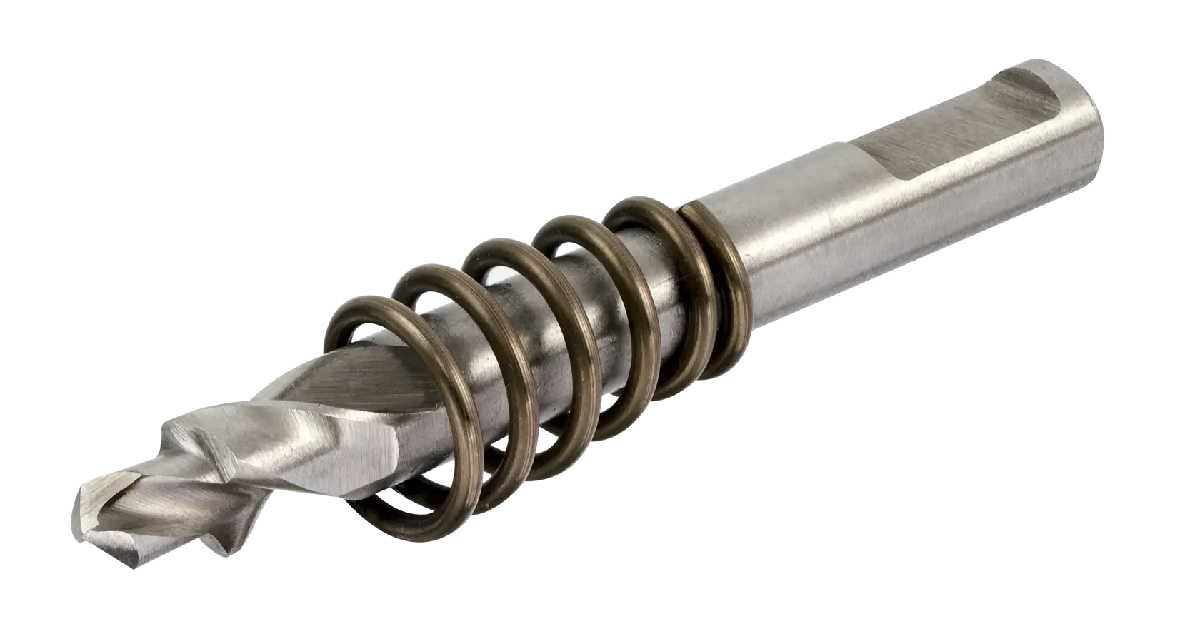 Metal DEWALT countersink drill bit with attached coil spring, used for woodworking and drilling applications.