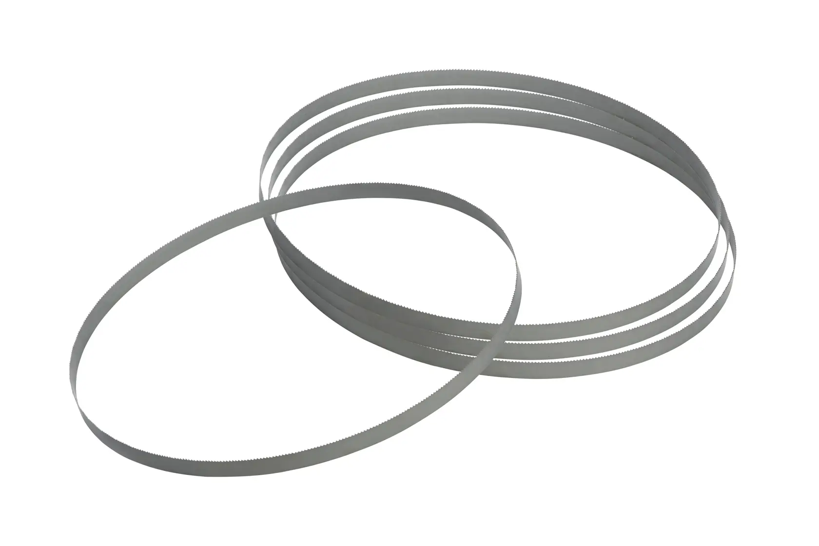 Four metal band saw blades arranged in overlapping loops on a white background.