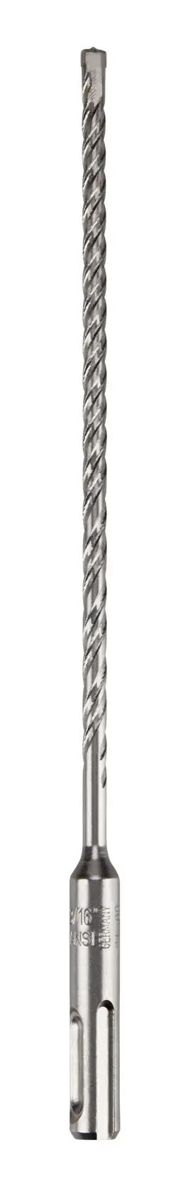 Long metal drill bit with spiral fluting and SDS shank for masonry, shown vertically on white background.