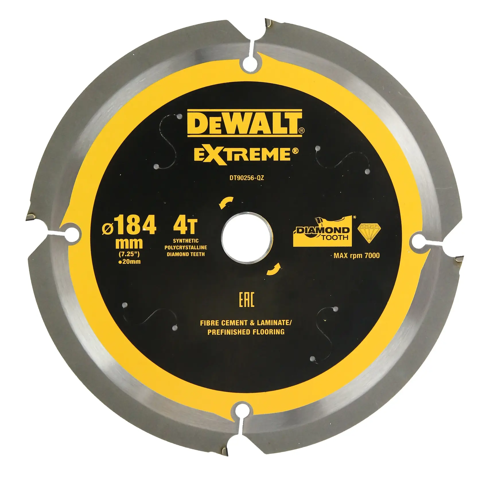 DEWALT Extreme DT90256 circular saw blade for fibre cement, laminate, prefinished flooring, 184mm, 4T diamond teeth.