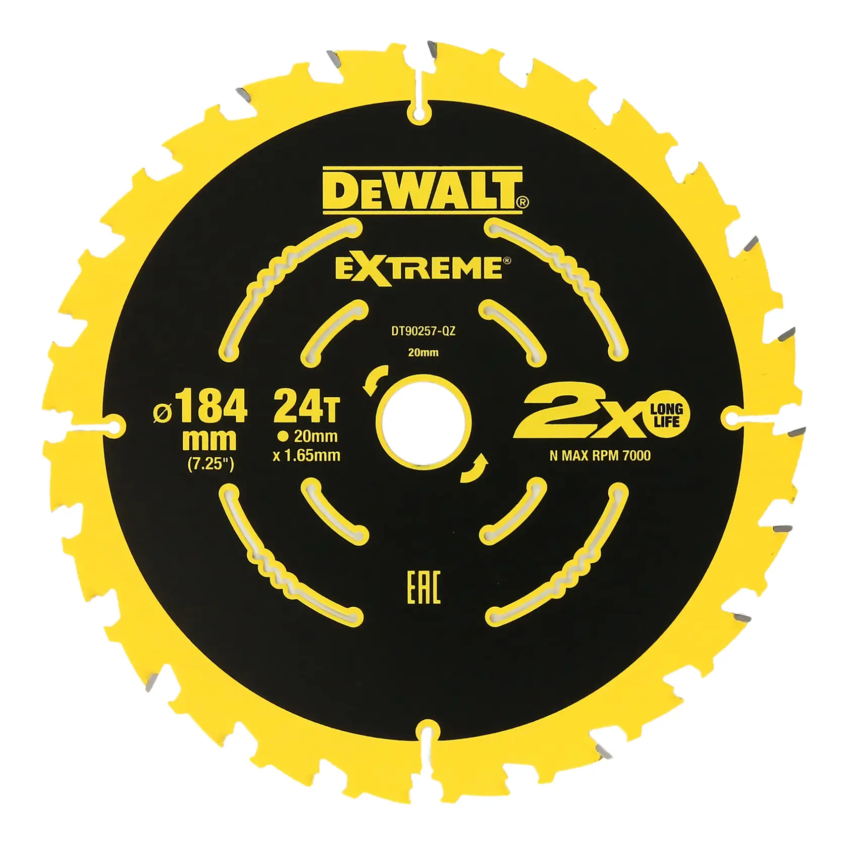 DEWALT Extreme 184mm circular saw blade with 24 teeth, yellow and black design, marked for long life.