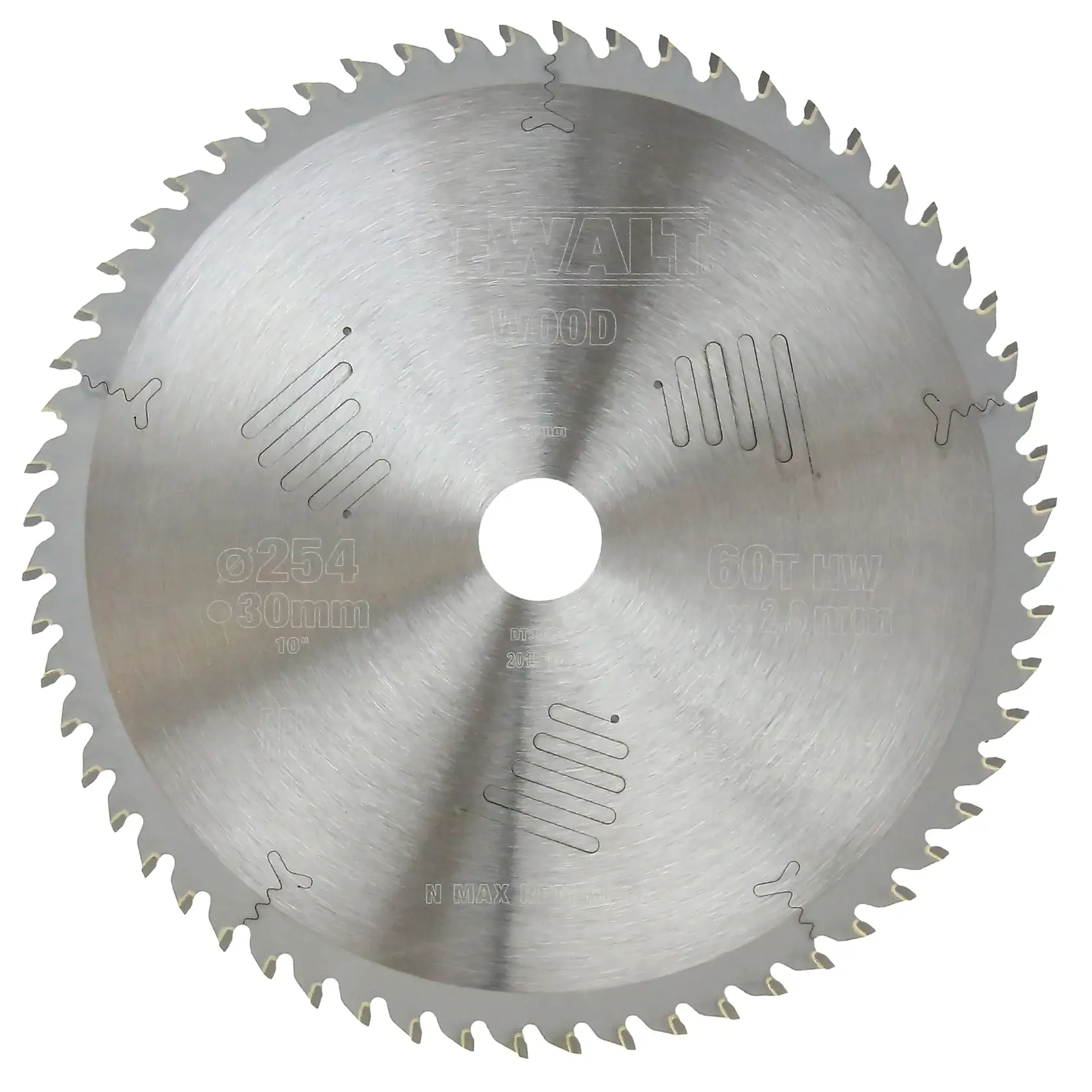 DEWALT DT90266 circular saw blade for wood, 254mm diameter, 60 teeth, 30mm arbor, silver finish.