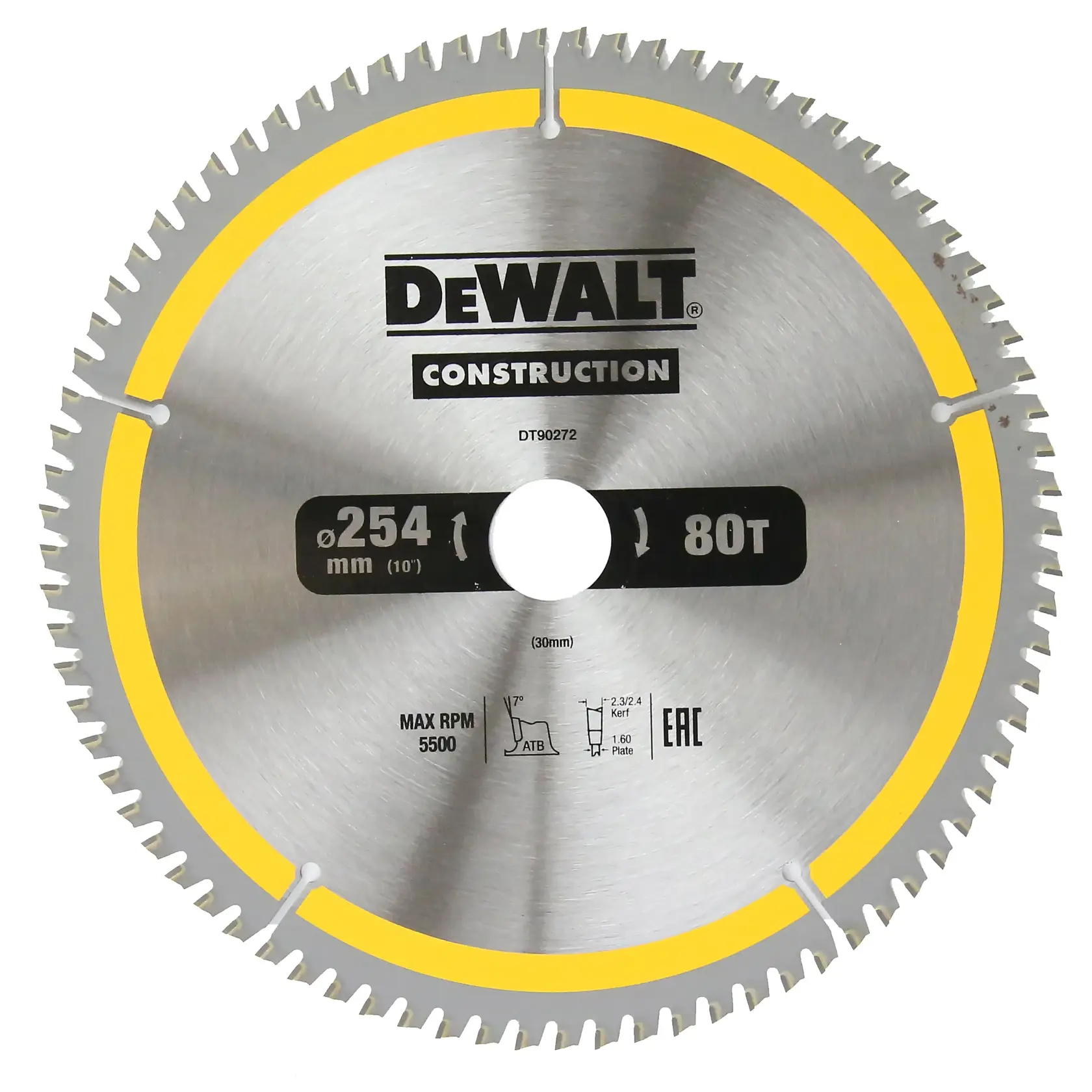 DEWALT DT90272 circular saw blade, 254mm diameter, 80 teeth, construction series, silver with yellow ring.